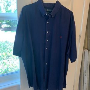 Ralph Lauren short sleeve button down 100% linen navy blue shirt. Size 3XLT/3TGL
